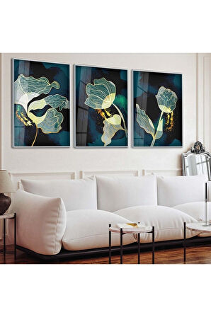 Gümüş Metal Çerçeveli Bitki Soyut Desen Üçlü Kırılmaz Cam Tablo Seti