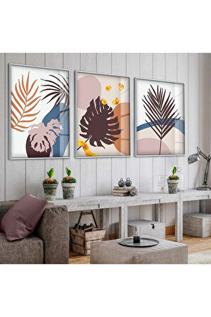 Siyah Metal Çerçeveli Soyut Desen Üçlü Kırılmaz Cam Tablo Seti