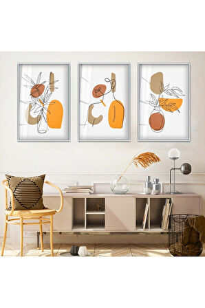 Siyah Metal Çerçeveli Minimalist Soyut Desen Üçlü Kırılmaz Cam Tablo Seti