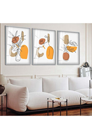 Siyah Metal Çerçeveli Minimalist Soyut Desen Üçlü Kırılmaz Cam Tablo Seti