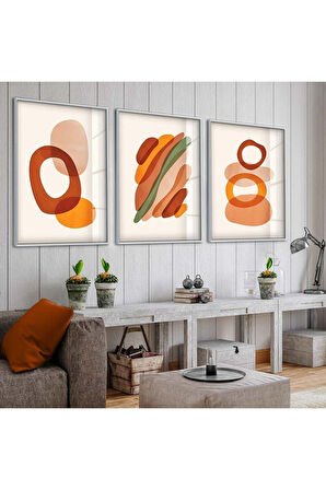 Siyah Metal Çerçeveli Minimalist Soyut Desen Üçlü Kırılmaz Cam Tablo Seti