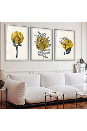 Siyah Metal Çerçeveli Soyut Desen Üçlü Kırılmaz Cam Tablo Seti