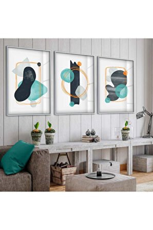 Gümüş Metal Çerçeveli Soyut Desen Üçlü Kırılmaz Cam Tablo Seti
