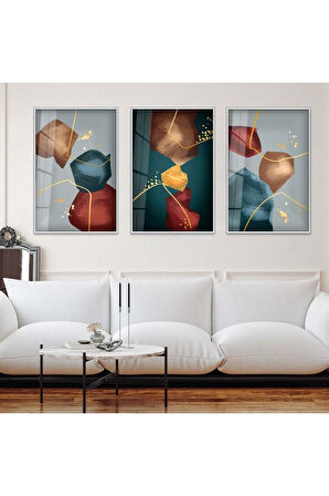 MİNİMALİST SOYUT DESEN 3'LÜ METAL ÇERÇEVELİ CAM TABLO SETİ