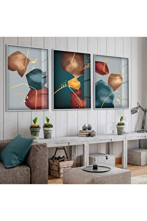 MİNİMALİST SOYUT DESEN 3'LÜ METAL ÇERÇEVELİ CAM TABLO SETİ