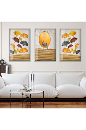 Siyah Metal Çerçeveli Geyik Üçlü Kırılmaz Cam Tablo Seti