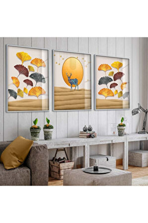 Siyah Metal Çerçeveli Geyik Üçlü Kırılmaz Cam Tablo Seti