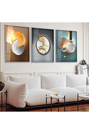 Gümüş Metal Çerçeveli Soyut Desen Üçlü Kırılmaz Cam Tablo Seti