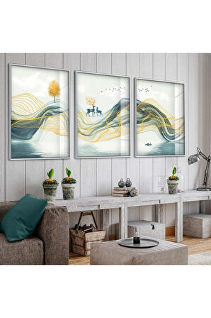 Gümüş Metal Çerçeveli Kolaj Çizim Dağ Üçlü Kırılmaz Cam Tablo Seti