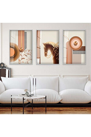 Gold Metal Çerçeveli Minimalist Soyut Desen Üçlü Kırılmaz Cam Tablo Seti