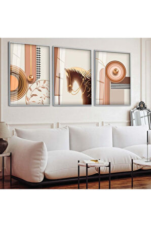 Gold Metal Çerçeveli Minimalist Soyut Desen Üçlü Kırılmaz Cam Tablo Seti