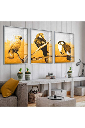 Gold Metal Çerçeveli Papağan Soyut Desen Üçlü Kırılmaz Cam Tablo Seti