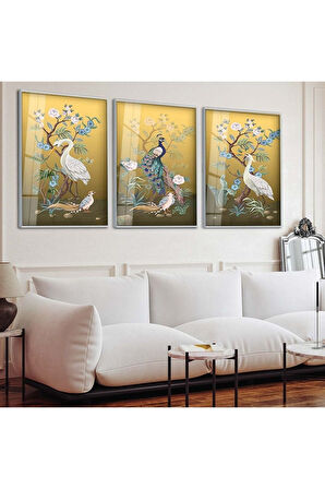 Gümüş Metal Çerçeveli Tavus Kuşu Soyut Desen Üçlü Kırılmaz Cam Tablo Seti