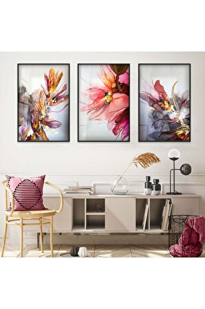 Gold Metal Çerçeveli Renkli Çiçek Üçlü Kırılmaz Cam Tablo Seti