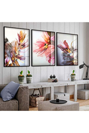 Gold Metal Çerçeveli Renkli Çiçek Üçlü Kırılmaz Cam Tablo Seti