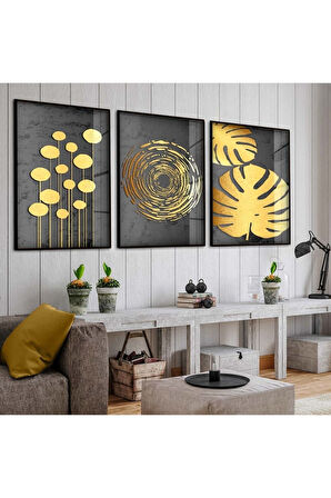 Siyah Metal Çerçeveli Soyut Desen Üçlü Kırılmaz Cam Tablo Seti