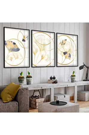 Gümüş Metal Çerçeveli Soyut Desen Üçlü Kırılmaz Cam Tablo Seti