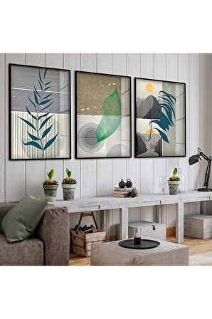 MİNİMALİST SOYUT DESEN 3'LÜ METAL ÇERÇEVELİ CAM TABLO SETİ