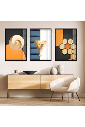 Gümüş Metal Çerçeveli Soyut Desen Üçlü Kırılmaz Cam Tablo Seti