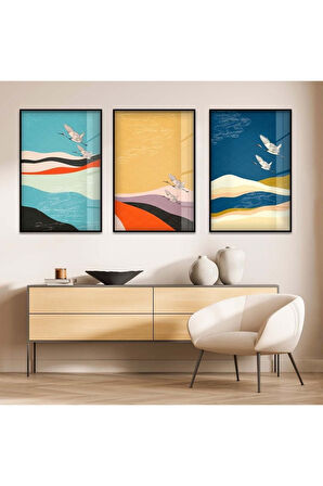 Gümüş Metal Çerçeveli Soyut Desen Üçlü Kırılmaz Cam Tablo Seti