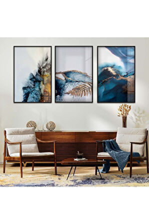 Gold Metal Çerçeveli Renkli Üçlü Kırılmaz Cam Tablo Seti