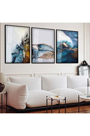 Gold Metal Çerçeveli Renkli Üçlü Kırılmaz Cam Tablo Seti