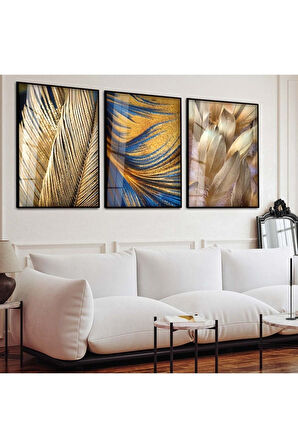 Gümüş Metal Çerçeveli Altın Çiçek Üçlü Kırılmaz Cam Tablo Seti