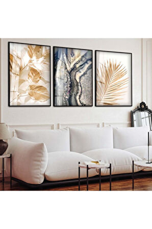 Siyah Metal Çerçeveli Modern Çizim Üçlü Kırılmaz Cam Tablo Seti