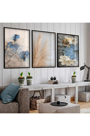 Gümüş Metal Çerçeveli Renkli Çiçek Üçlü Kırılmaz Cam Tablo Seti