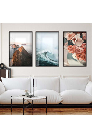 Gold Metal Çerçeveli Doğa Manzara Üçlü Kırılmaz Cam Tablo Seti
