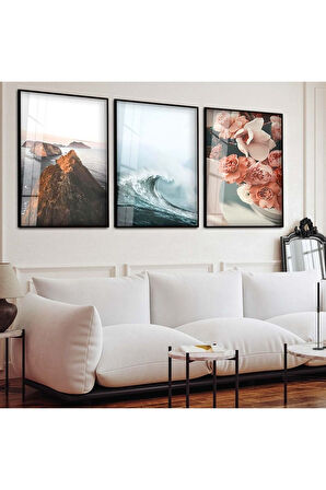 Gold Metal Çerçeveli Doğa Manzara Üçlü Kırılmaz Cam Tablo Seti