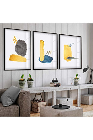 Siyah Metal Çerçeveli Soyut Desen Şekiller Üçlü Kırılmaz Cam Tablo Seti