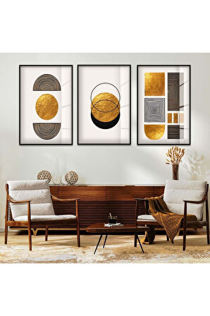 Gümüş Metal Çerçeveli Soyut Desen Üçlü Kırılmaz Cam Tablo Seti