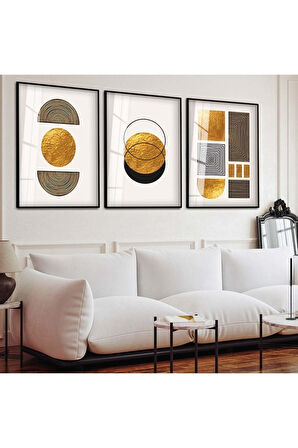 Gümüş Metal Çerçeveli Soyut Desen Üçlü Kırılmaz Cam Tablo Seti