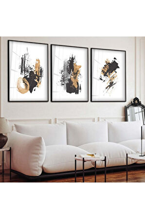 Gold Metal Çerçeveli Soyut Desen Şekiller Üçlü Kırılmaz Cam Tablo Seti