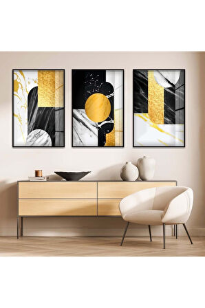 Gümüş Metal Çerçeveli Soyut Desen Şekiller Üçlü Kırılmaz Cam Tablo Seti