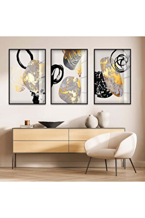 Gold Metal Çerçeveli Soyut Desen Üçlü Kırılmaz Cam Tablo Seti