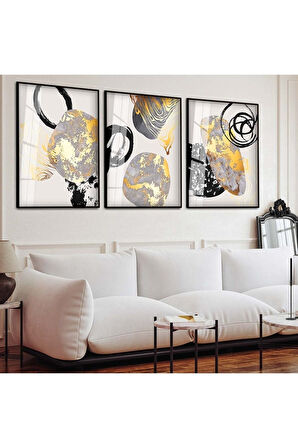 Gold Metal Çerçeveli Soyut Desen Üçlü Kırılmaz Cam Tablo Seti