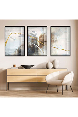 Gold Metal Çerçeveli Soyut Desen Üçlü Kırılmaz Cam Tablo Seti