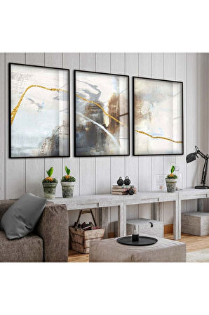 Gold Metal Çerçeveli Soyut Desen Üçlü Kırılmaz Cam Tablo Seti