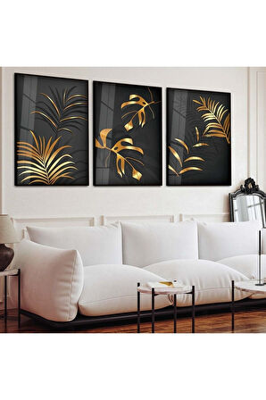 Siyah Metal Çerçeveli Soyut Desen Çiçek Üçlü Kırılmaz Cam Tablo Seti
