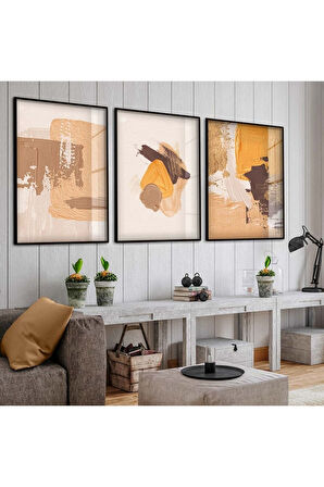 Siyah Metal Çerçeveli Soyut Desen Üçlü Kırılmaz Cam Tablo Seti