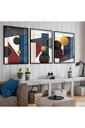 Siyah Metal Çerçeveli Soyut Desen Üçlü Kırılmaz Cam Tablo Seti