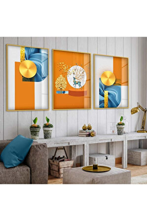 Gold Metal Çerçeveli Minimalist Soyut Desen Üçlü Kırılmaz Cam Tablo Seti
