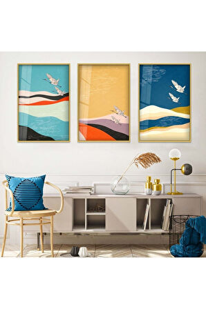 Gümüş Metal Çerçeveli Soyut Desen Üçlü Kırılmaz Cam Tablo Seti