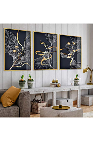 Gold Metal Çerçeveli Soyut Desen Şekiller Üçlü Kırılmaz Cam Tablo Seti