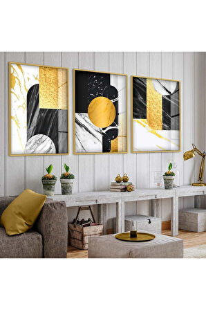 Gümüş Metal Çerçeveli Soyut Desen Şekiller Üçlü Kırılmaz Cam Tablo Seti