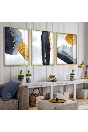 Siyah Metal Çerçeveli Soyut Desen Üçlü Kırılmaz Cam Tablo Seti