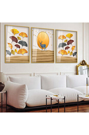 Siyah Metal Çerçeveli Geyik Üçlü Kırılmaz Cam Tablo Seti