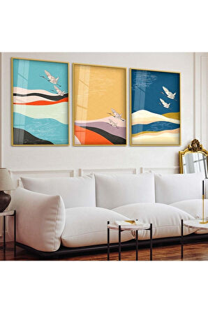 Gümüş Metal Çerçeveli Soyut Desen Üçlü Kırılmaz Cam Tablo Seti